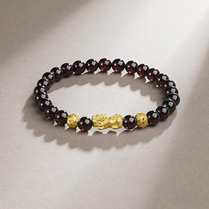 SS31-10-24K Solid Gold Garnet Beaded Bracelet – Real Gold Charm Stretch Bracelet