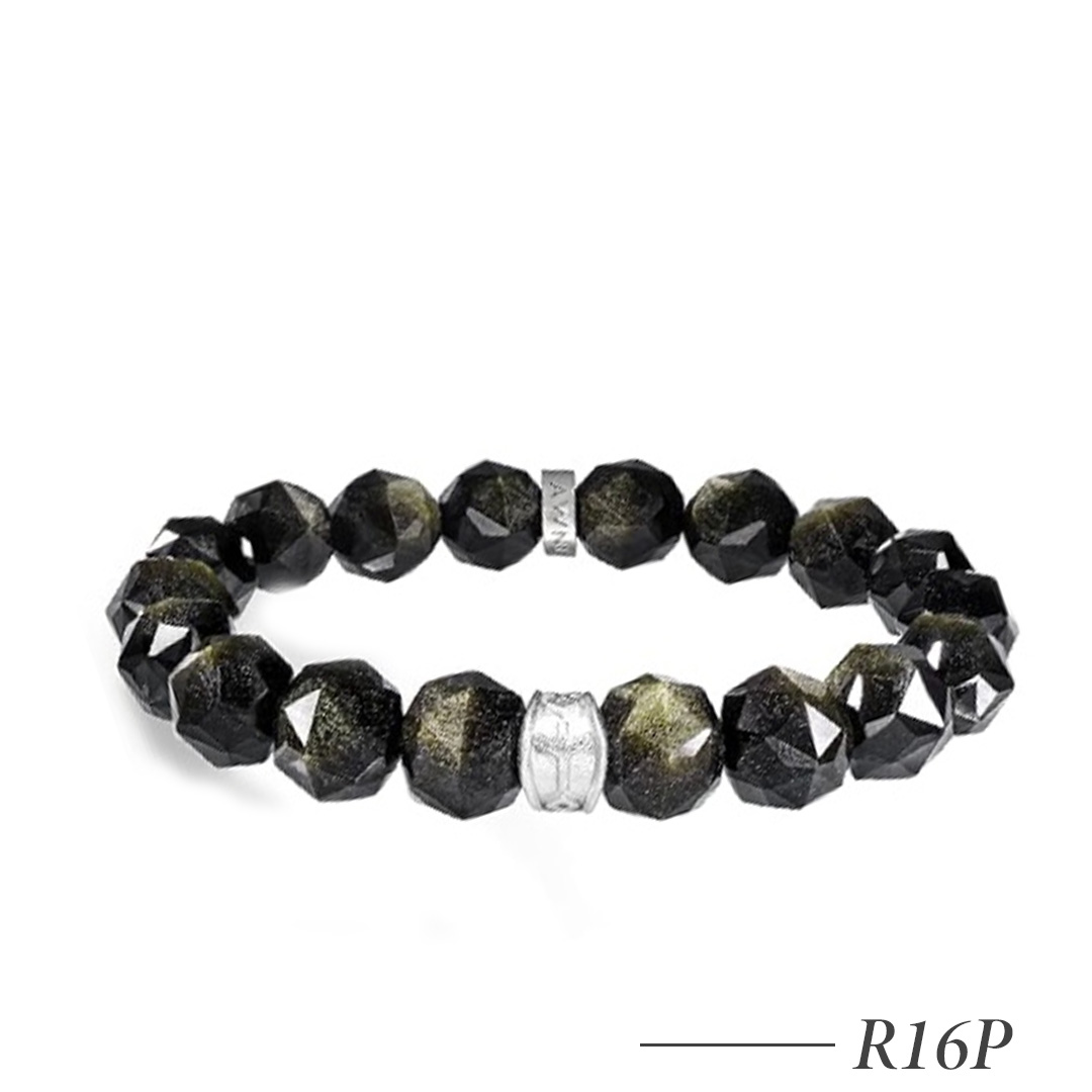 R16P-Gold Obsidian & Tiger Eye Beaded Bracelet with Silver Charm – Men’s Stretch Bracelet 10mm