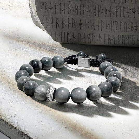 G130P-Men's Hawk Eye and Charoite Beaded Bracelet with Sterling Silver Charm 10mm