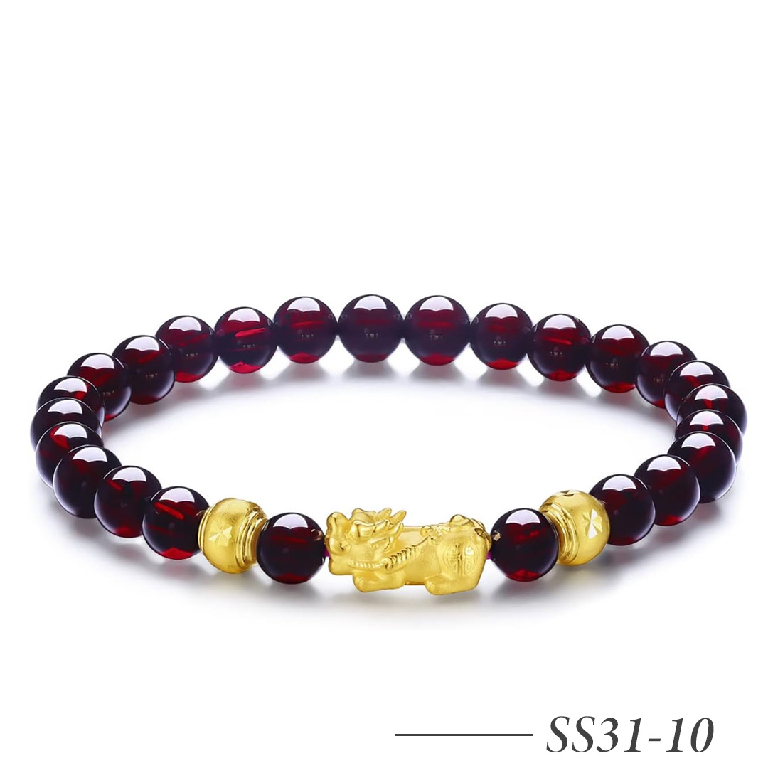 SS31-10-24K Solid Gold Garnet Beaded Bracelet – Real Gold Charm Stretch Bracelet