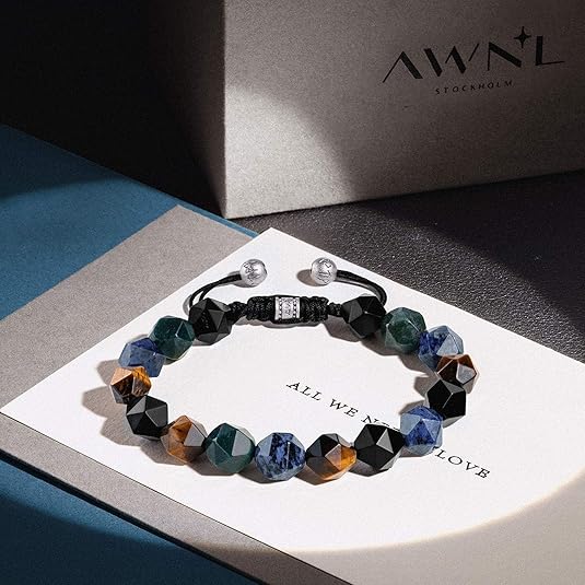 BP10-Men's Multicolor Natural Stone Beaded Bracelet with Sterling Silver Clasp 10mm Adjustable Bracelet