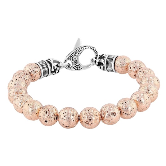 HC15000P-Lava Stone Beaded Bolo Bracelet – Stainless Steel Adjustable Men's Bracelet 10mm