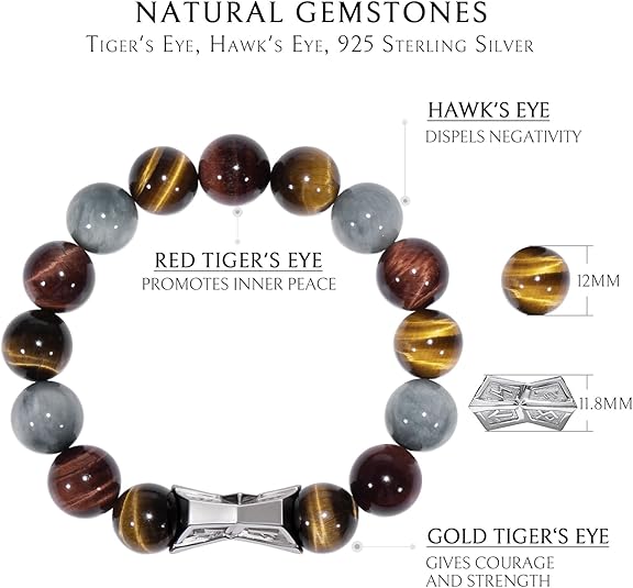 R5-Men's Natural Gemstone Beaded Bracelet with Sterling Silver Engraved Charm 12mm Stretch Bracelet