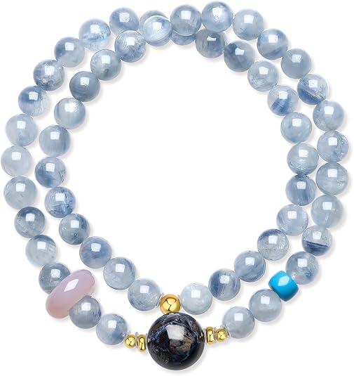 H100P-Sterling Silver Multi Gemstone Beaded Bracelet Blue Jasper Agate Stretch Adjustable Bracelet for Women