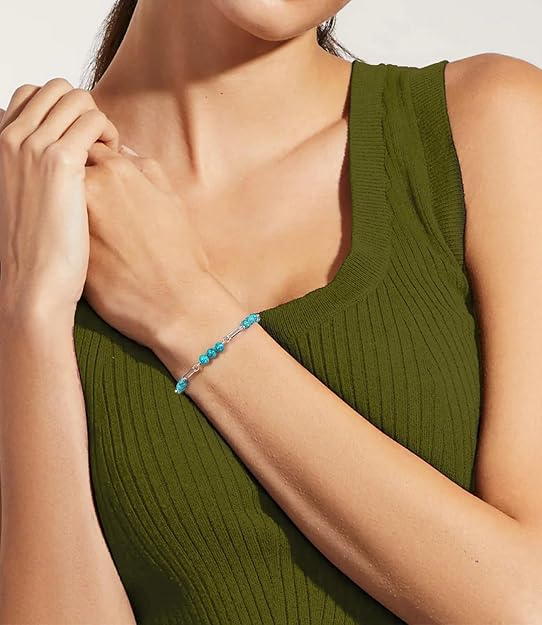 M60P-Turquoise Beaded Paperclip Chain Bracelet – 925 Sterling Silver Adjustable Bracelet