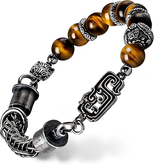 T10-Men's Natural Tiger Eye Beaded Bracelet with Sterling Silver Vintage Spacer 8mm Adjustable Bracelet